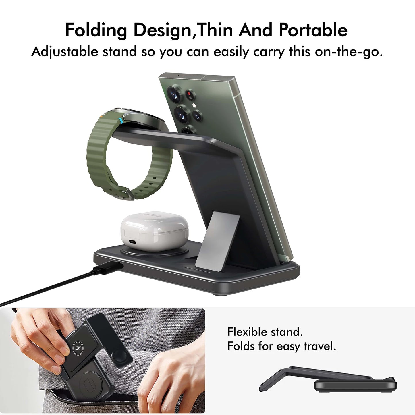 Foldable 3 in 1 Wireless Charger Stand for Samsung S25 S24 S23 S22 Galaxy Watch 8 7 6 5 4 3 Buds3 Pro/Buds Fast Charging Station